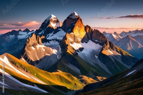 Stunning landscape wallpaper of rugged mountain peaks at sunset, covered in snow, generative ai