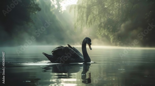  A black swan atop a forest lake, surrounded by trees..Or:..Amidst a forest teeming with trees, a black swan floats seren