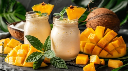  A few mason jars, filled with fruits next to a heap of sliced pineapples and coconuts