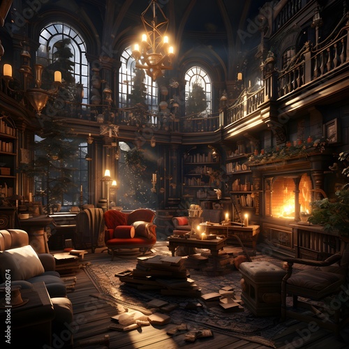 Interior of the old library in the evening. 3D rendering