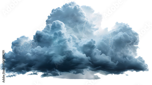 A dramatic thundercloud with lightning striking down isolated on a white transparent background