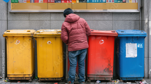 A man in a red jacket emptying dustbins for trash disposal.