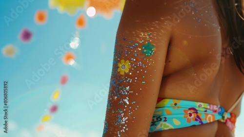 Close-up of a sunbathers arm with a playful temporary tattoo, beads of sweat glistening on their skin