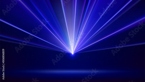 Laser light show. Bright led laser beams, dj light party. Illuminated blue stage, led strobe lights. Background, backdrop for displaying products. Vector illustration