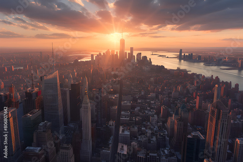 Skyline of New York City at sunset, aerial view, iconic urban landscape, vibrant twilight colors, metropolitan beauty, outdoor scenes, modern american city , cityscape wallpaper background 16:9