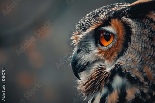 Portrait of an owl (Latin Bubo bubo) close-up with beautiful feathers and big eyes on a white background. Birds, ornithology, ecology.. Beautiful simple AI generated image in 4K, unique.