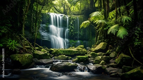Panorama of a beautiful waterfall in the rainforest, New Zealand
