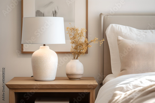 Small bedroom styling with bedside vanity top , cozy interior design, bedside lamp and plant vase on table , elegant and functional, comfortable living space, subdued pointillism , hotel room decor