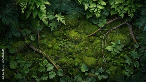 Create a photorealistic high resolution image of a lush green moss covered forest floor with ferns and branches.