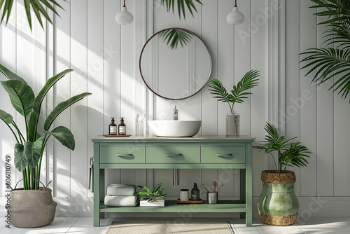 Stylish bathroom interior with green cabinets and shelves against white walls