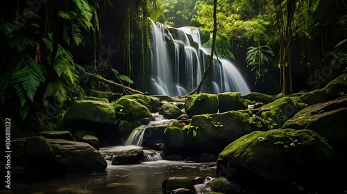 Panorama of beautiful waterfall in tropical rainforest, Bali, Indonesia