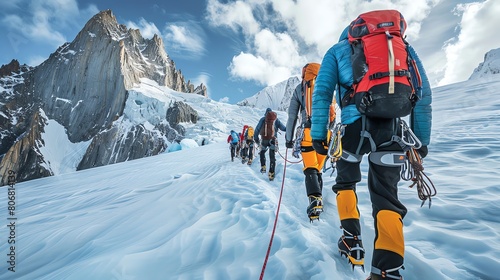 Editorial photography capturing a group of mountaineers roped together on a glacier, highlighting the teamwork and camaraderie of mountain climbing