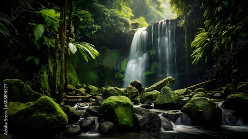 Panoramic view of beautiful waterfall in the rainforest of Bali, Indonesia