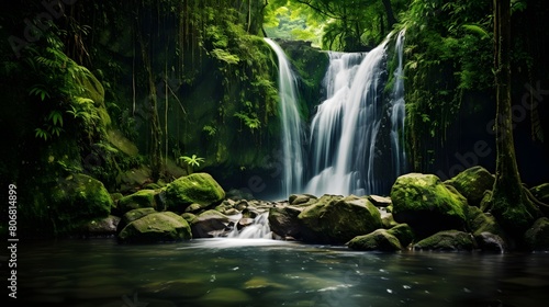 Panoramic view of the beautiful waterfall in the forest, Bali, Indonesia