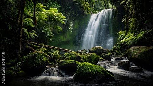 Panorama of a waterfall in the rainforest, Bali, Indonesia