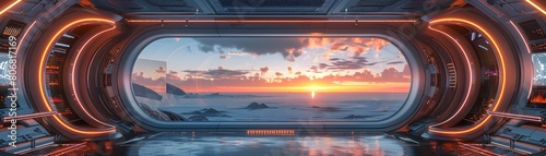 Vibrant Futuristic Sci-Fi Interior with Panoramic Alien Sunset Landscape and Advanced Technological Elements