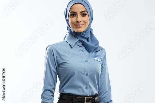 A young woman wearing a blue hijab and a blue shirt with a white collar