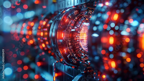 Close-up view of a high-precision mechanical device featuring complex gearing and intricate metal components, glowing with warm light. 