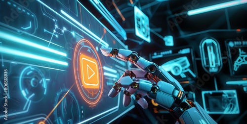 A robotic hand is pointing at the screen with an orange glowing video player icon, surrounded by futuristic digital elements and holographic displays in blue hues. The background features high-tech ga
