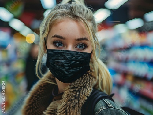 A young woman wearing a black mask in a supermarket