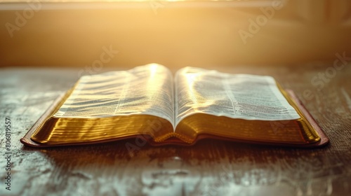 Open Bible on a wooden table with light from the window