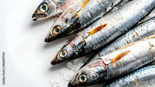 Fresh sardines on white background: A rich source of omega- fatty acids. Concept Healthy Eating, Seafood Nutrition, Omega-3 Benefits, White Background, Fresh Sardines