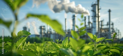 Contrast of nature and industry: vibrant green foliage against a white oil and gas production plant