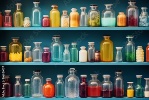 Colorful bottles of chemicals on shelves