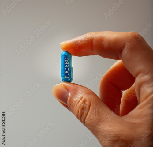 main qui tient entre le pouce et l'index une pilule avec inscrit "PLACEBO"