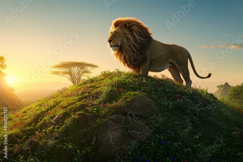 majestic lion standing on a hill overlooking the savanna