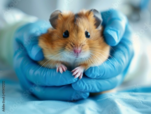gloved hands holding a small brown and white hamster