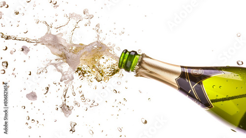 Close-up shot of a champagne bottle popping with a splash, white background, representing celebration and success