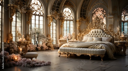 Ornate golden bedroom with pink flowers