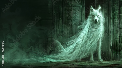  A white wolf, wearing an ethereal long white gown, stands before a threshold Its shaggy coat billows in the breeze, framing its majestic form