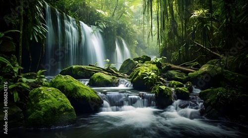 Panoramic view of a waterfall in the rainforest of Hawaii