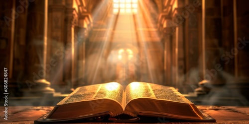 rays of light shining on open bible in church