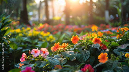 View of Beautiful Flower Plants in the Morning Garden, Blooming Floral Blossoms under Soft Sunlight, Serene Garden Landscape with Colorful Flowers, Generative AI