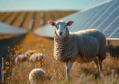 ovejas pastando conviviendo con tecnología de punta en el campo con flores amarillas junto a hileras de paneles solares, . Economía circular, aprovechamiento recursos renovables, ganadería sostenible