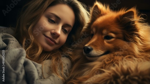 A woman is lying in bed with her dog