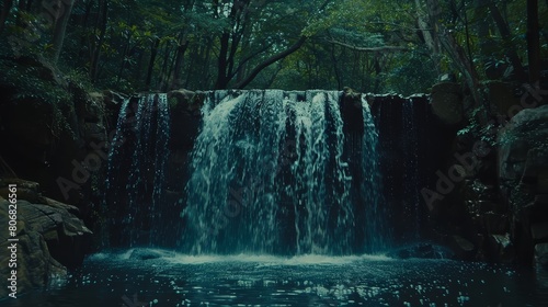  A waterfall, situated in a forest, pours copiously from its upper reaches