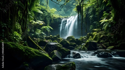 Panoramic view of a waterfall in the rainforest of New Zealand