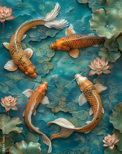 Four koi fish are swimming in the water among lotus leaves and flowers.