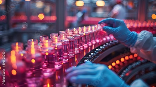 Pharmacist scientist with sanitary gloves examining medical vials on a production line conveyor belt in a pharmaceutical factory with Generative AI.