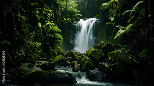 Panorama of a beautiful waterfall in a tropical rainforest, Bali, Indonesia