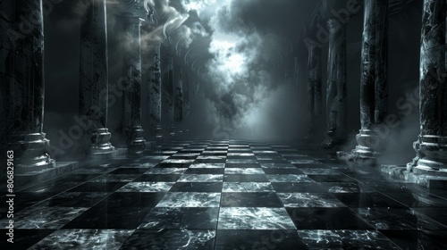 Dark Gothic Chessboard Floor With Columns And Smoke