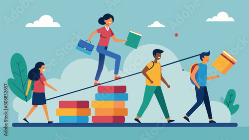 A group of students walking on a tightrope balancing textbooks and heavy weights on their backs representing the constant struggle to stay financially. Vector illustration