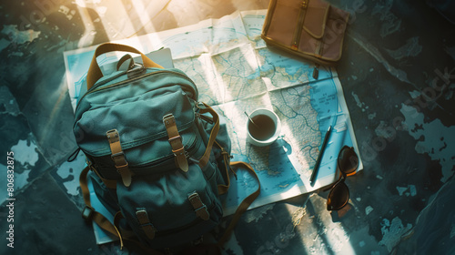 Backpack, sunglasses, map on dark aesthetic background. Vacation trip planning concept. Travel template. Generative AI