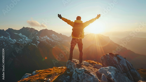 Positive Man Celebrating on Mountain Top with Arms Raised in Triumph, Success and Achievement Concept, Happy Hiker Enjoying Victory on Summit, Generative AI