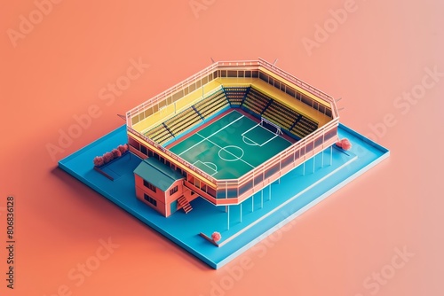 A tiny sports arena, ingeniously designed to showcase competitive spirit, displayed as a model isolated on a solid color background