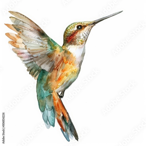 A tiny watercolor of a hummingbird in flight, isolated white background